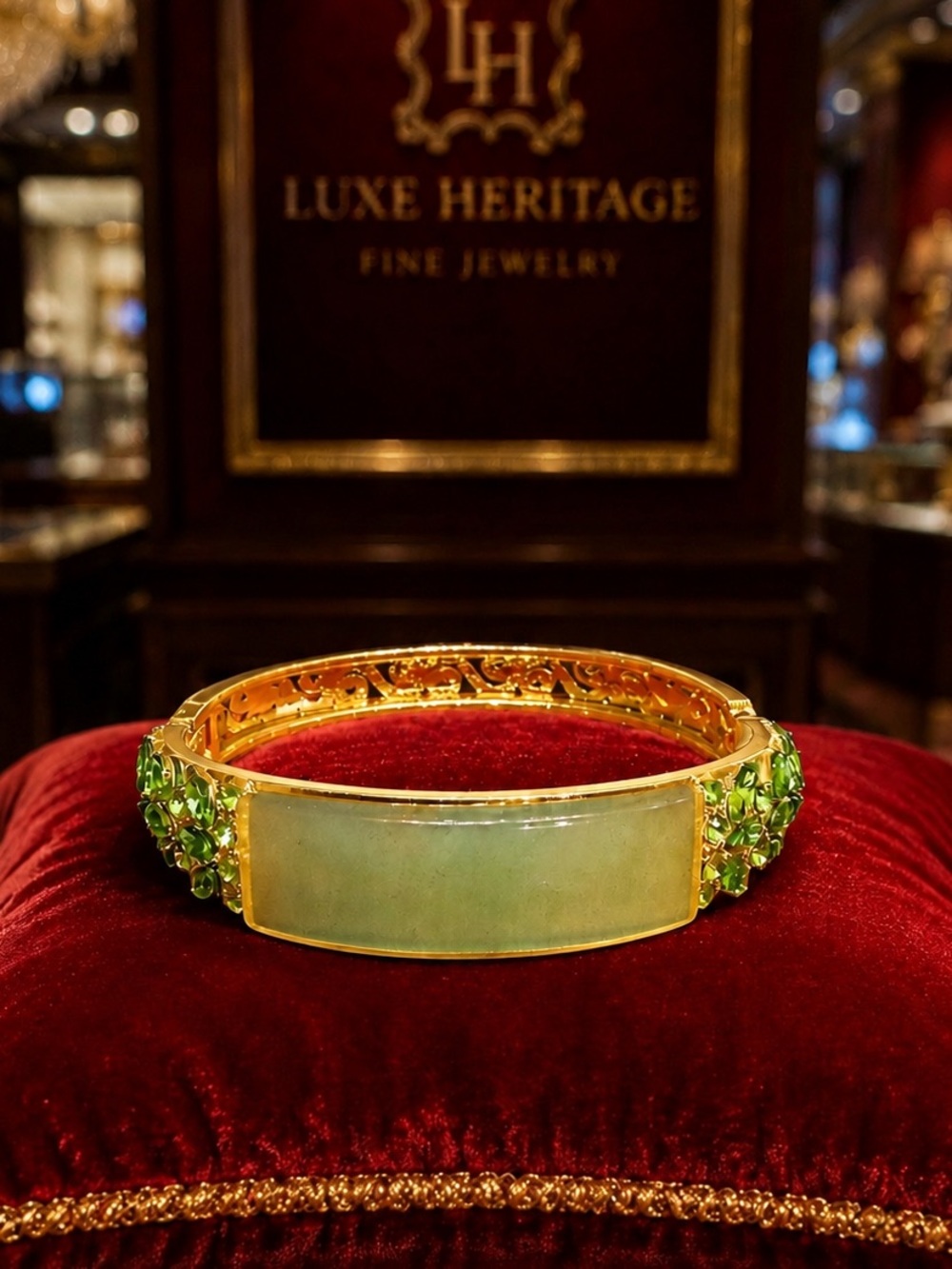 18k Gold Plated Jade and Austrian Crystals bangle Bracelet